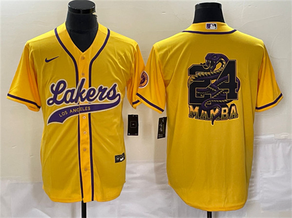 Men's Los Angeles Lakers #24 Mamba Big Logo Gold Cool Base Stitched Baseball Jersey